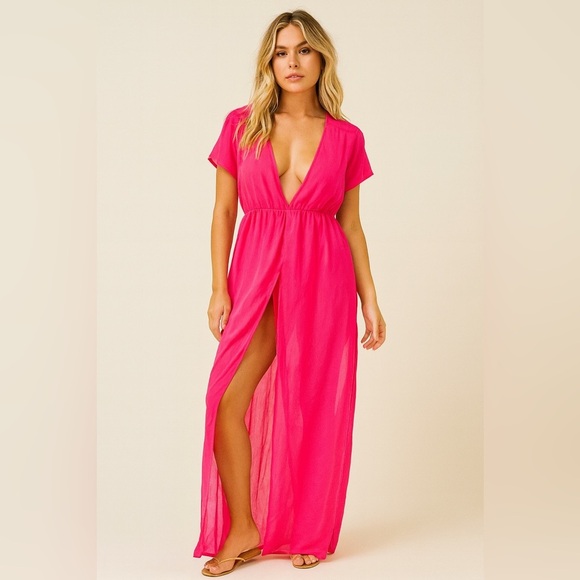 Boohoo Sheer Deep V Neck Pink Short Sleeved Swim Cover Up - Picture 1 of 7